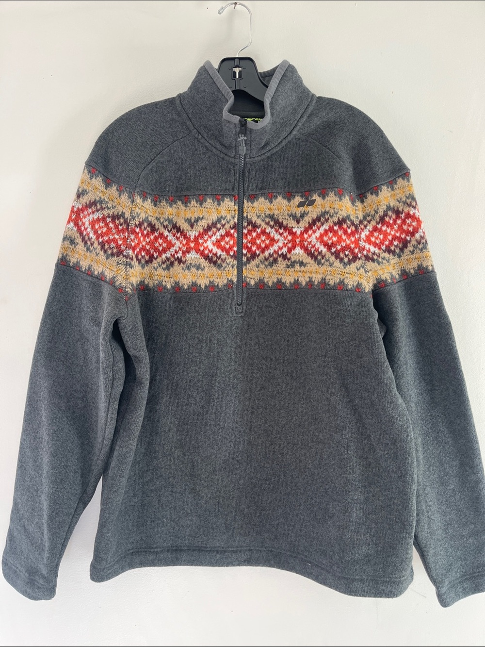 Koppen Men's Gray Half-Zip Sweater with Red and Cream Fair Isle Yoke